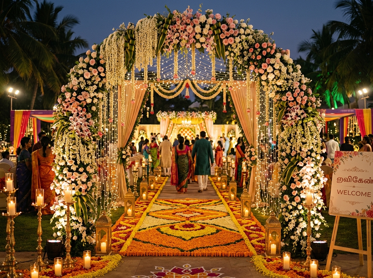 Wedding entrance floral archway with lanterns